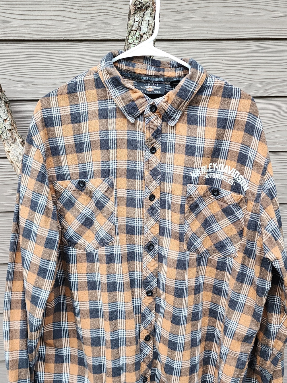 Harley-Davidson Men's Tan, Black & White Plaid Button-Down flannel Shirt